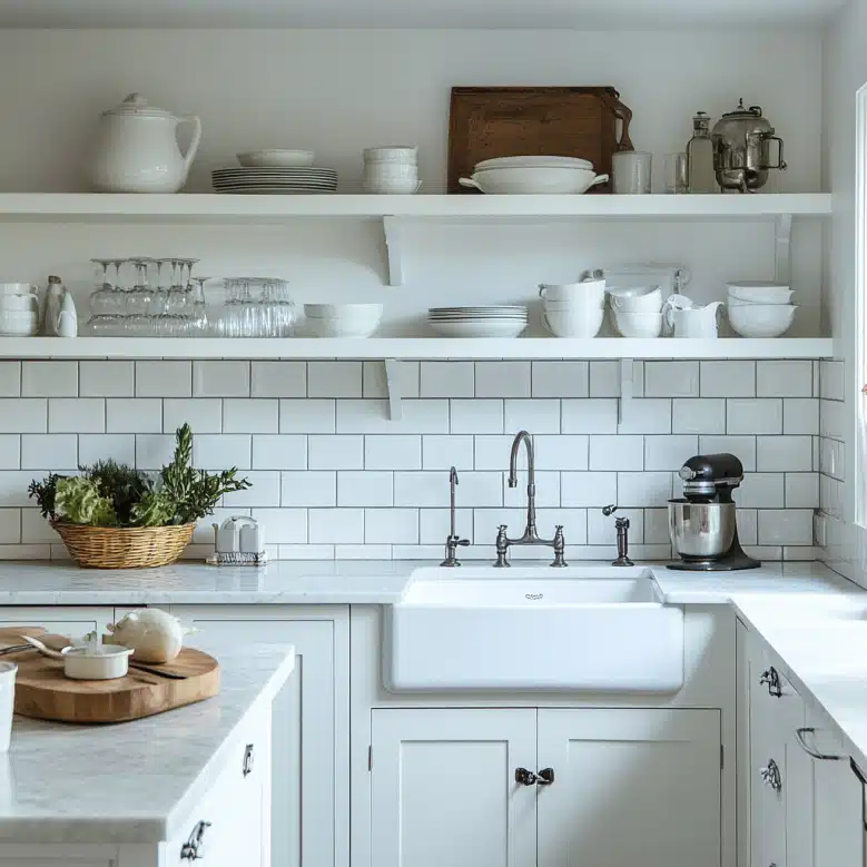 all white kitchen with open shelving example