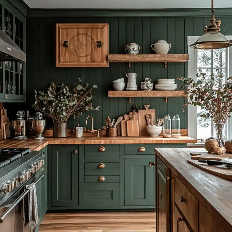 green kitchen with wood accents